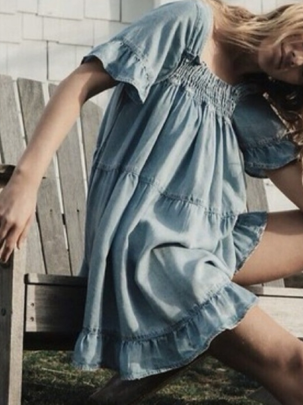 Free People Light Blue Tiered Square-Neck Mini Dress - Picture 3 of 6